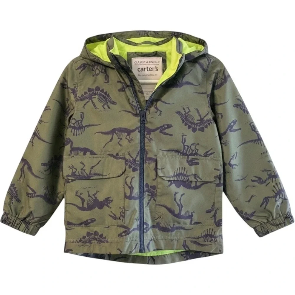 Boys Small Windbreaker Jacket, Back To School Carter's Dinosaur Olive Green